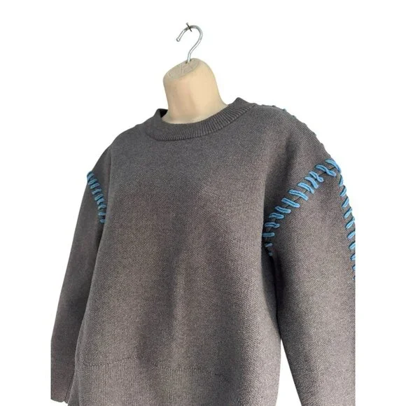 English Factory Women's Sz S Whip Contrast Stitch Gray Blue Pullover Sweater - Picture 3 of 9